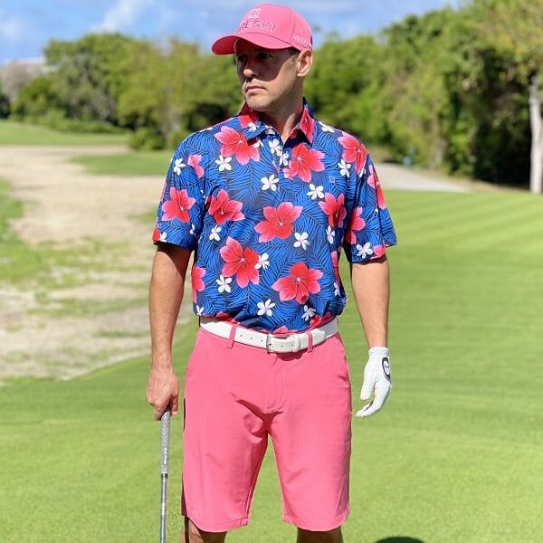 Red Hibiscus Flowers on Blue Palm Leaves Background Golf Shirt - Hreski 181 - Image 3