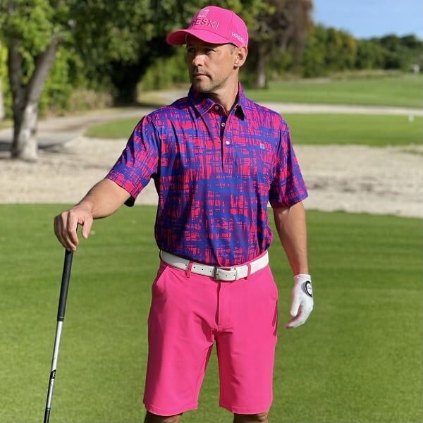 希少 Laura Biagiotti Golf 刺繍シャツ マルチカラー 48 Blue Crossing Brushstrokes on Pink Canvas Golf Shirt - Hreski 187