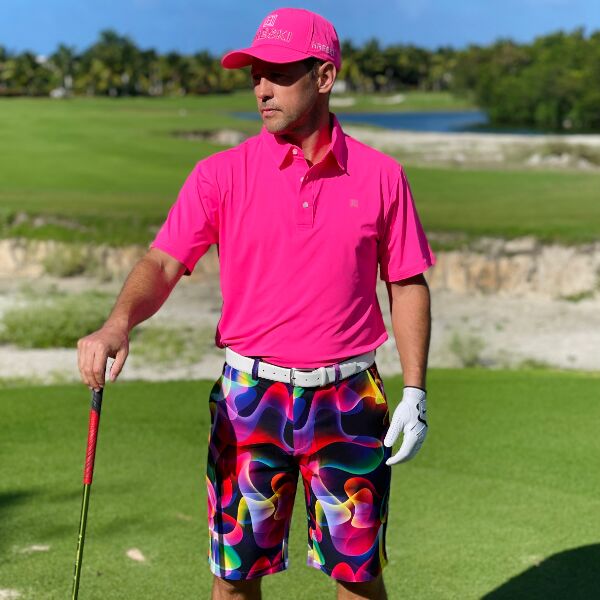 Colorful Neon Waves on Dark Background Golf Shorts - Hreski 183