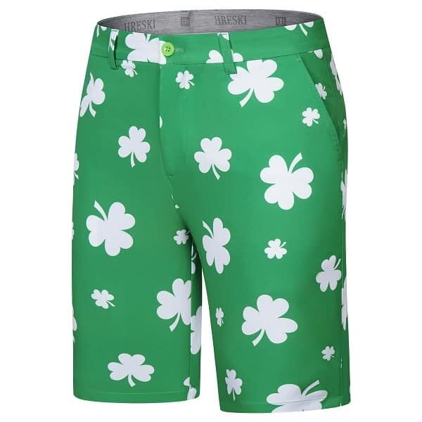 White Shamrock Leaves on Green Background Golf Shorts - Hreski 216