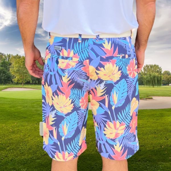Yellow and Orange Tropical Flowers and Light Purple Palm Leaves on Dark Background Golf Shorts - Hreski 233 - Image 15