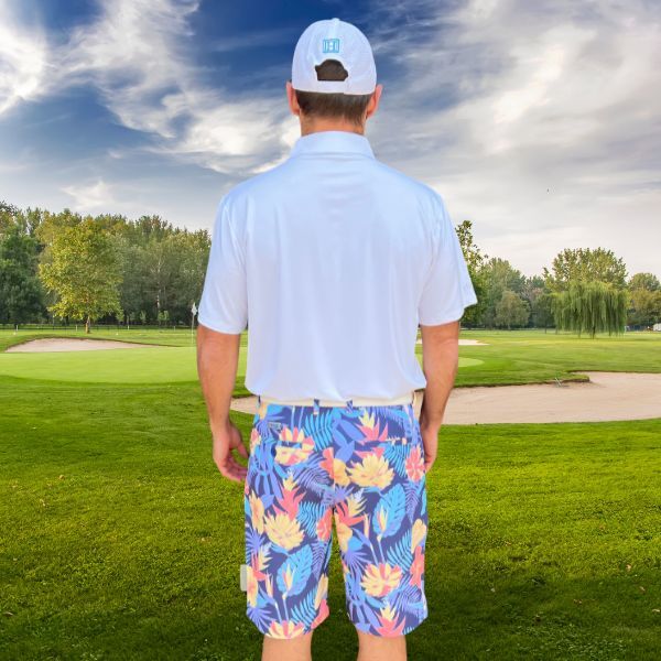 Yellow and Orange Tropical Flowers and Light Purple Palm Leaves on Dark Background Golf Shorts - Hreski 233 - Image 6
