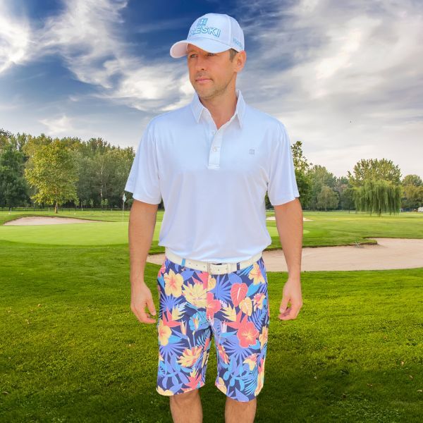 Yellow and Orange Tropical Flowers and Light Purple Palm Leaves on Dark Background Golf Shorts - Hreski 233 - Image 7