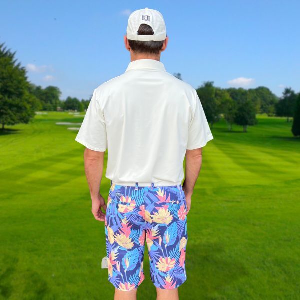 Yellow and Orange Tropical Flowers and Light Purple Palm Leaves on Dark Background Golf Shorts - Hreski 233 - Image 9