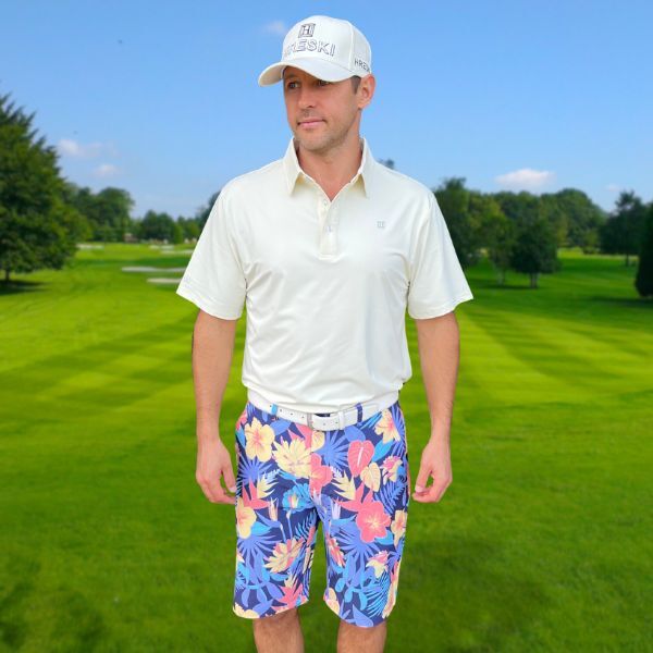Yellow and Orange Tropical Flowers and Light Purple Palm Leaves on Dark Background Golf Shorts - Hreski 233 - Image 8