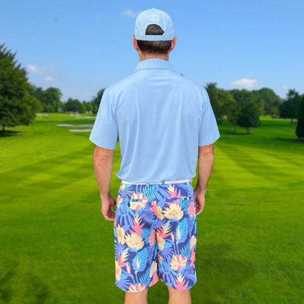 Yellow and Orange Tropical Flowers and Light Purple Palm Leaves on Dark Background Golf Shorts - Hreski 233 - Image 11