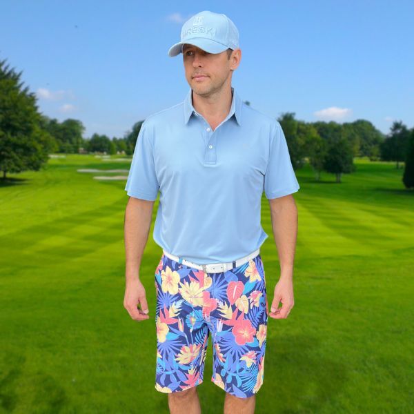 Yellow and Orange Tropical Flowers and Light Purple Palm Leaves on Dark Background Golf Shorts - Hreski 233 - Image 10