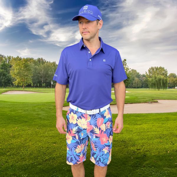 Yellow and Orange Tropical Flowers and Light Purple Palm Leaves on Dark Background Golf Shorts - Hreski 233 - Image 4