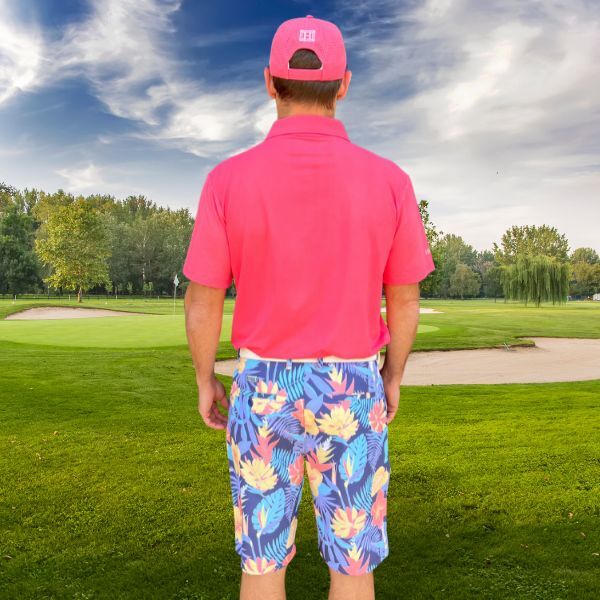 Yellow and Orange Tropical Flowers and Light Purple Palm Leaves on Dark Background Golf Shorts - Hreski 233 - Image 3