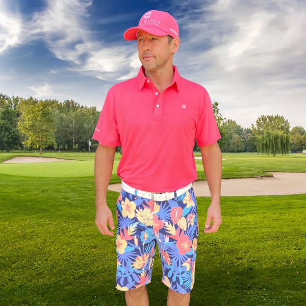Yellow and Orange Tropical Flowers and Light Purple Palm Leaves on Dark Background Golf Shorts - Hreski 233 - Image 2