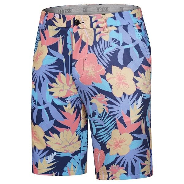 Yellow and Orange Tropical Flowers and Light Purple Palm Leaves on Dark Background Golf Shorts - Hreski 233