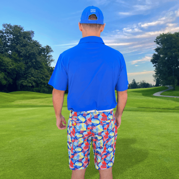 Mix of Light Blue, Yellow, and Red-Orange Brushstrokes on Blue Background Golf Shorts - Hreski 238 - Image 8