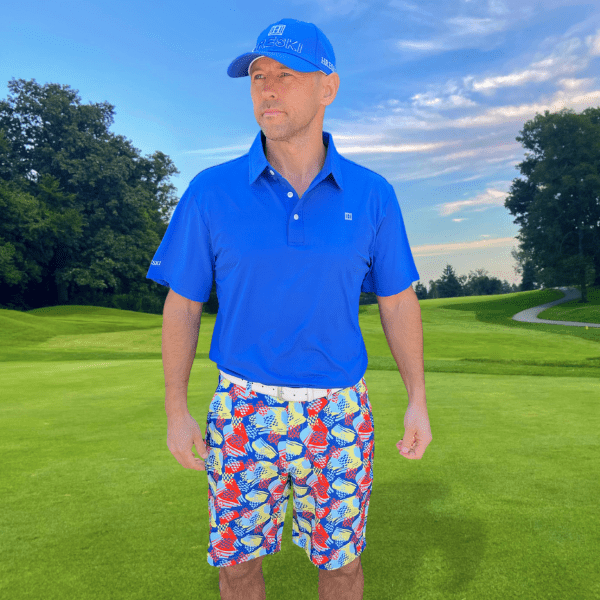 Mix of Light Blue, Yellow, and Red-Orange Brushstrokes on Blue Background Golf Shorts - Hreski 238 - Image 9