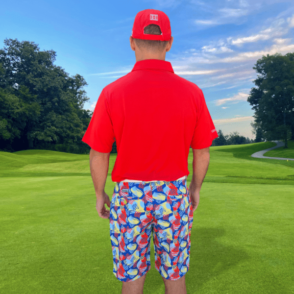 Mix of Light Blue, Yellow, and Red-Orange Brushstrokes on Blue Background Golf Shorts - Hreski 238 - Image 3