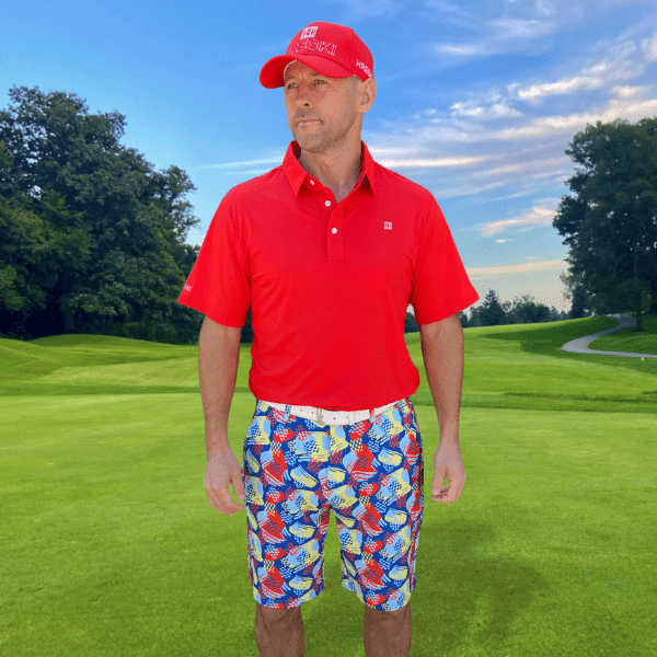 Mix of Light Blue, Yellow, and Red-Orange Brushstrokes on Blue Background Golf Shorts - Hreski 238 - Image 2