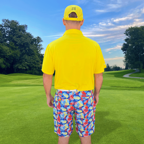Mix of Light Blue, Yellow, and Red-Orange Brushstrokes on Blue Background Golf Shorts - Hreski 238 - Image 4