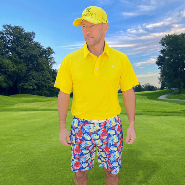 Mix of Light Blue, Yellow, and Red-Orange Brushstrokes on Blue Background Golf Shorts - Hreski 238 - Image 5