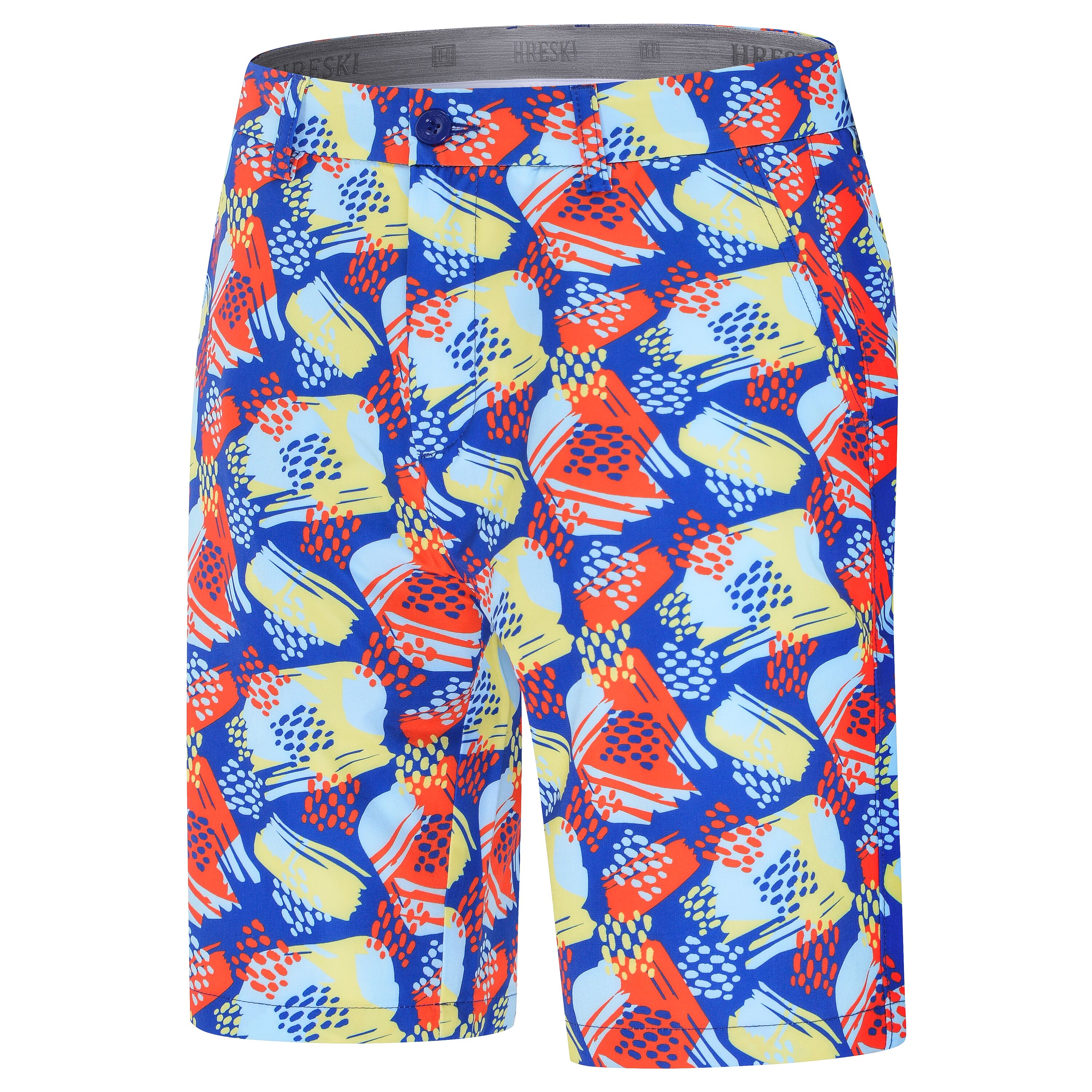 Mix of Light Blue, Yellow, and Red-Orange Brushstrokes on Blue Background Golf Shorts - Hreski 238