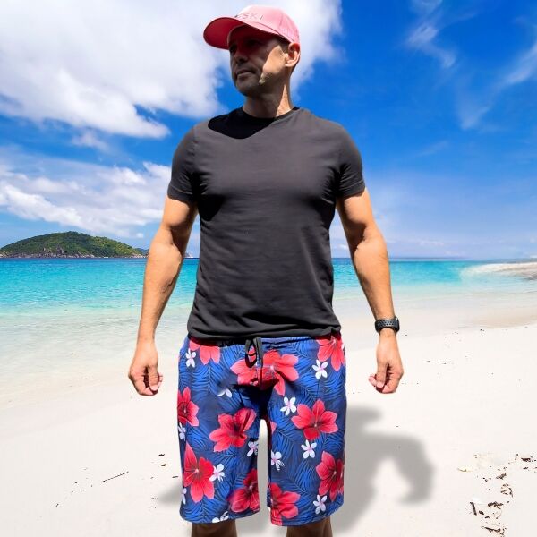 Red Hibiscus Flowers on Blue Palm Leaves Background Swimming Board Shorts - Hreski 181 - Image 2