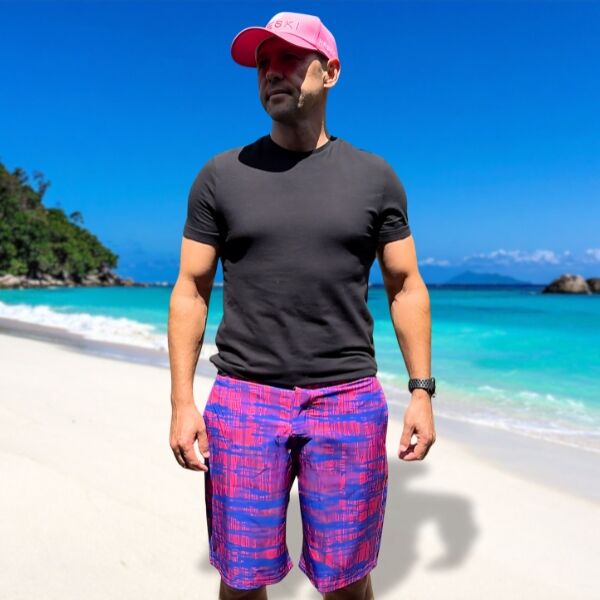 Blue Crossing Brushstrokes on Pink Canvas Swimming Board Shorts - Hreski 187 - Image 2