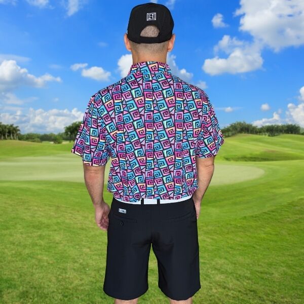 Hypnotic Maze in Teal, Pink, and Black Golf Shirt - Hreski 253