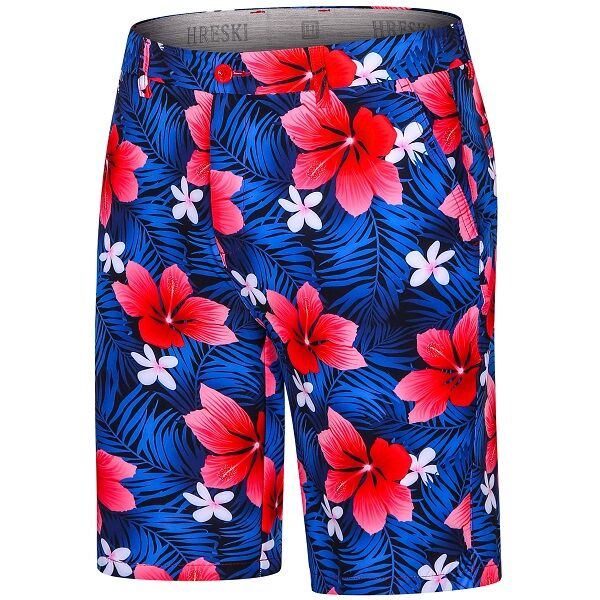 Red Hibiscus Flowers on Blue Palm Leaves Background Golf Shorts - Hreski 181