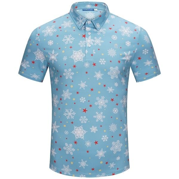 Snowflakes and Red Stars on Light Blue Background Golf Shirt - Hreski 209