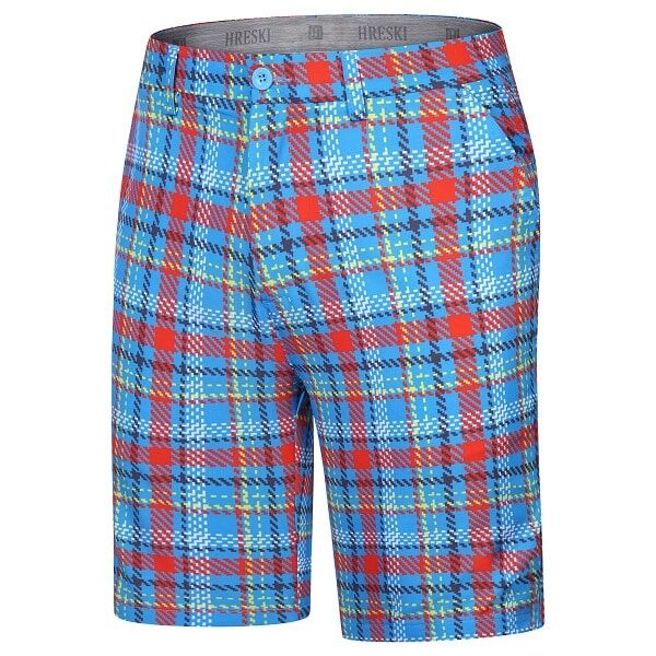 Blue, Red, White, Yellow, and Black Plaid Design Golf Shorts - Hreski 218