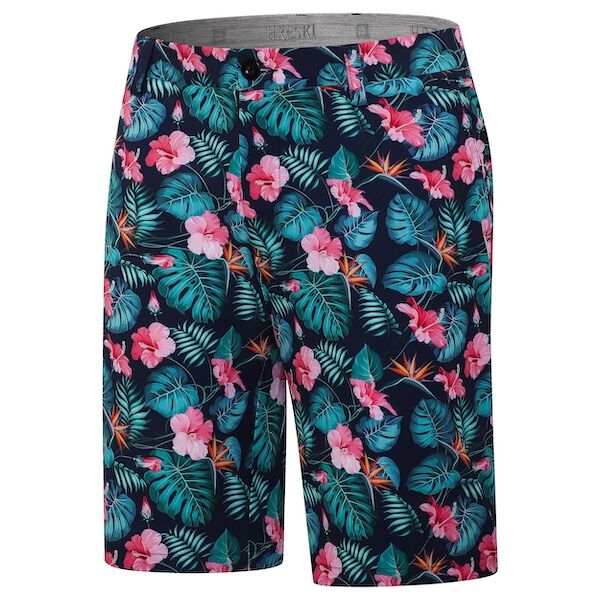 Teal Palm Leaves, Pink Hibiscus, and Orange Bird of Paradise Flowers on Dark Background Golf Shorts - Hreski 241