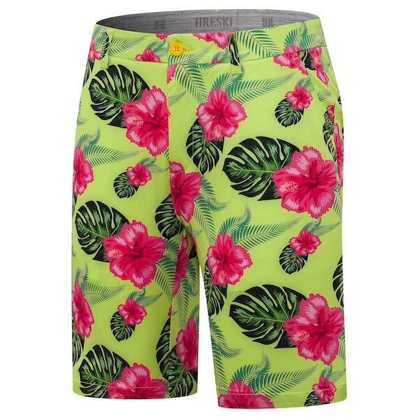 Green Monstera Leaves and Blossoming Hibiscus on Light Green Background Golf Shorts - Hreski 242