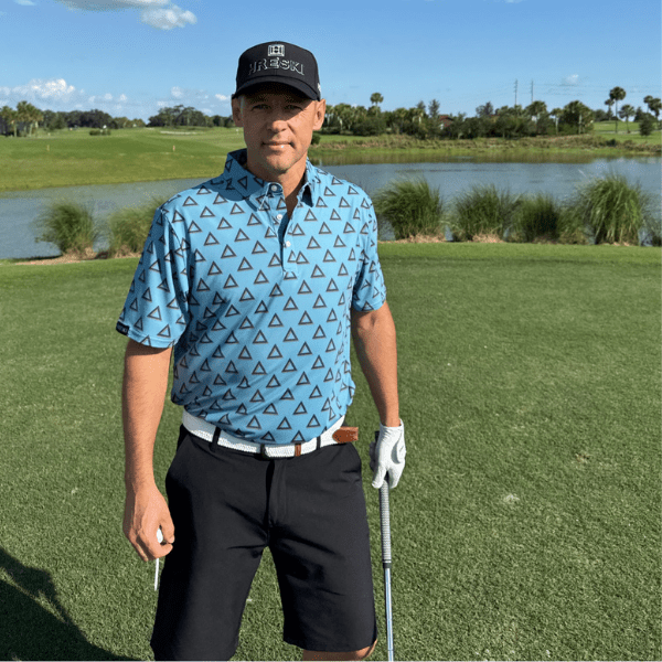 Alternative view of Triangles on Repeat over Sky Blue Base Golf Shirt - Hreski 250