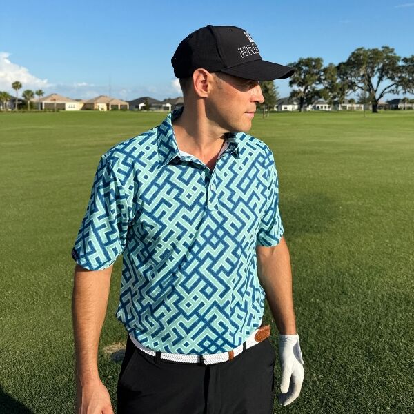 Alternative view of Teal Maze over Coastal Blue Golf Shirt - Hreski 249