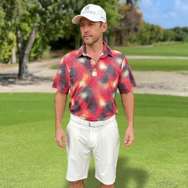 Abstract Circles on Red and Black Uneven Background Golf Shirt - Hreski 134 - Image 5