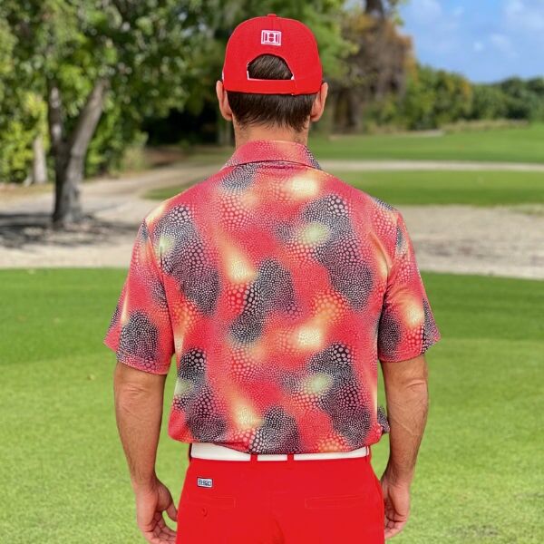 Abstract Circles on Red and Black Uneven Background Golf Shirt - Hreski 134 - Image 7