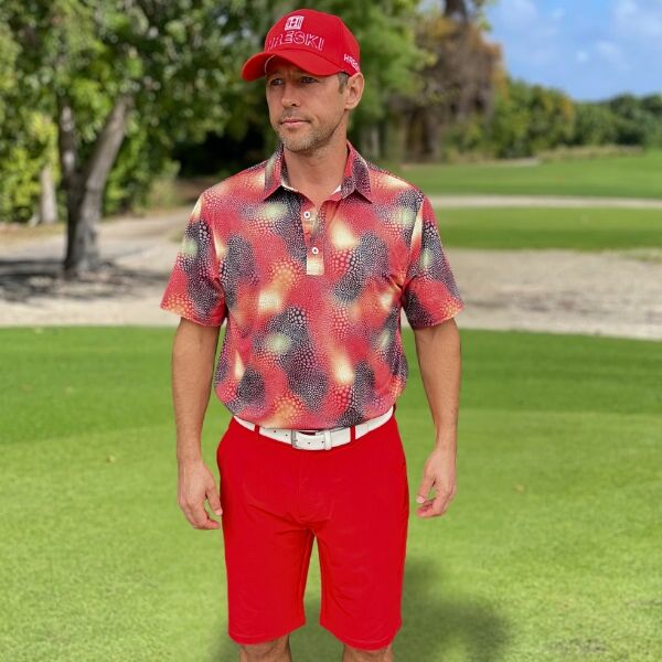 Abstract Circles on Red and Black Uneven Background Golf Shirt - Hreski 134 - Image 3