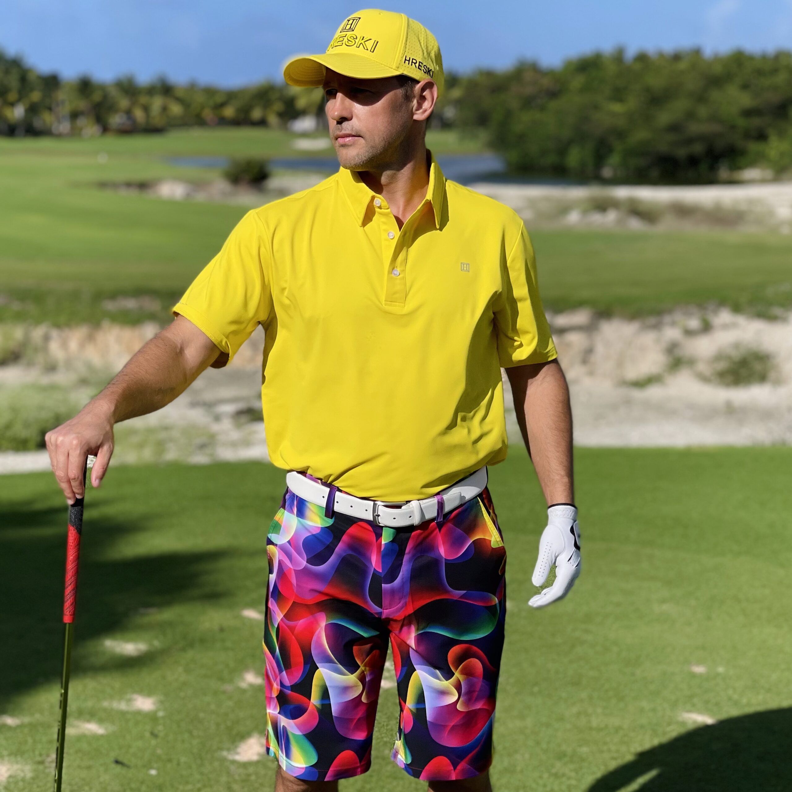 Colorful Neon Waves on Dark Background Golf Shorts - Hreski 183