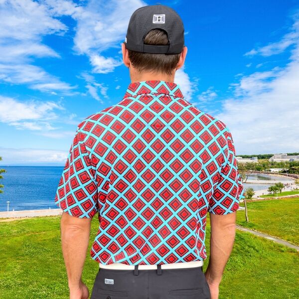 Red and Black Diamond Squares on Turquoise Background Golf Shirt - Hreski 222 - Image 7