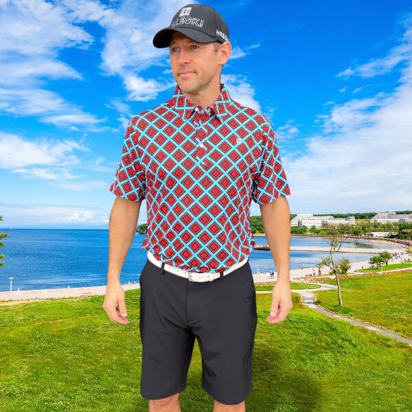 Red and Black Diamond Squares on Turquoise Background Golf Shirt - Hreski 222 - Image 3
