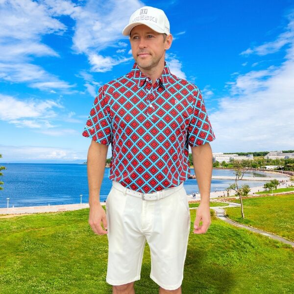 Red and Black Diamond Squares on Turquoise Background Golf Shirt - Hreski 222 - Image 5