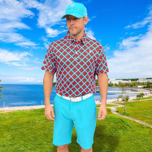 Red and Black Diamond Squares on Turquoise Background Golf Shirt - Hreski 222 - Image 2
