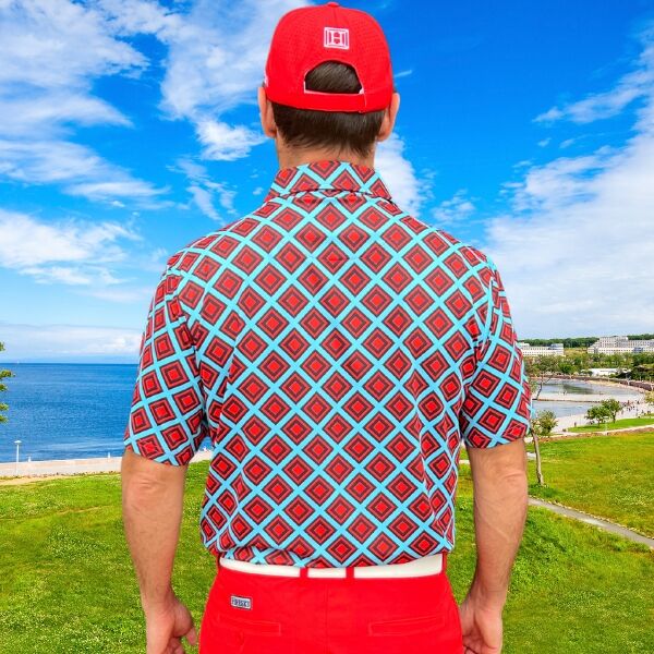 Red and Black Diamond Squares on Turquoise Background Golf Shirt - Hreski 222 - Image 8