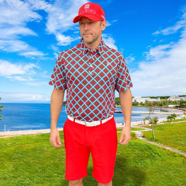 Red and Black Diamond Squares on Turquoise Background Golf Shirt - Hreski 222 - Image 4