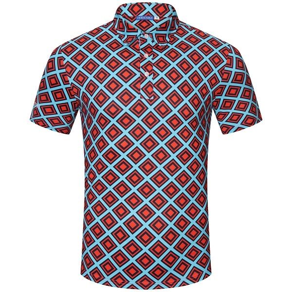 Red and Black Diamond Squares on Turquoise Background Golf Shirt - Hreski 222