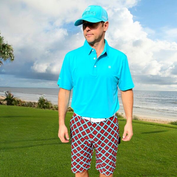 Red and Black Diamond Squares on Turquoise Background Golf Shorts - Hreski 222 - Image 7