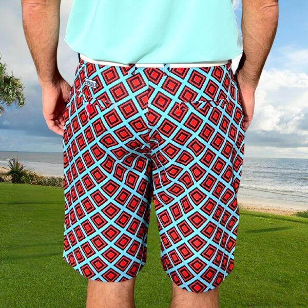 Red and Black Diamond Squares on Turquoise Background Golf Shorts - Hreski 222 - Image 11
