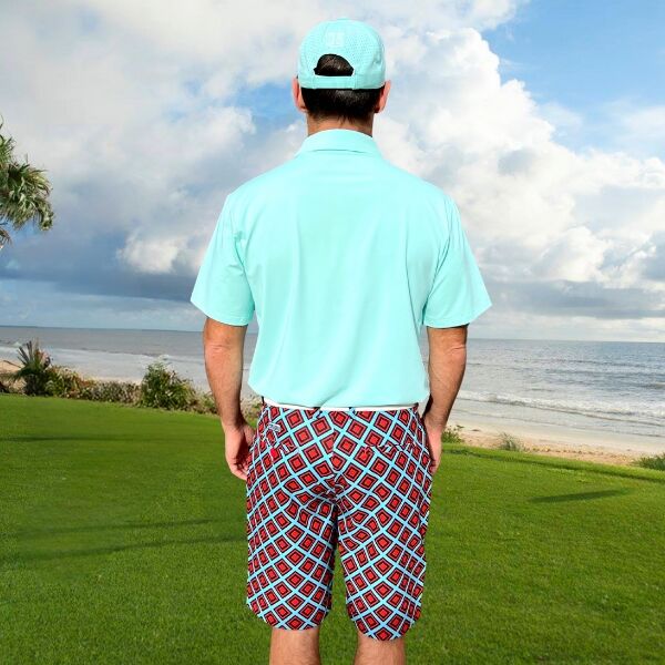Red and Black Diamond Squares on Turquoise Background Golf Shorts - Hreski 222 - Image 8