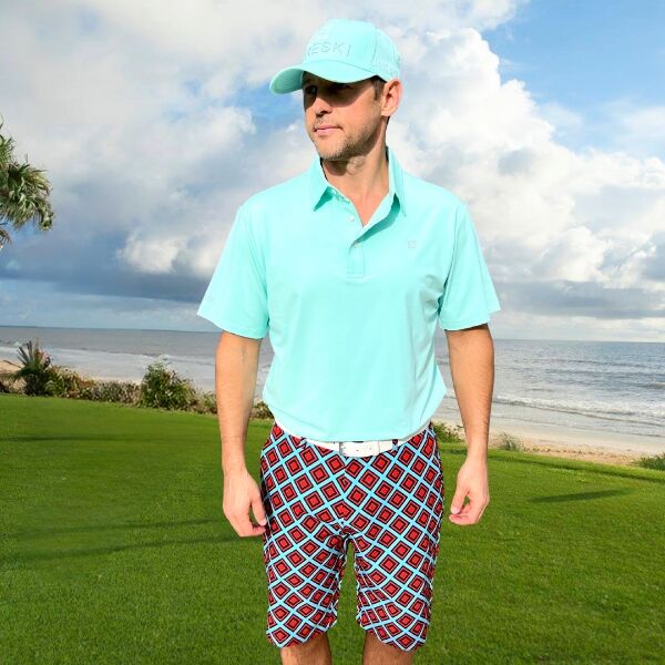 Red and Black Diamond Squares on Turquoise Background Golf Shorts - Hreski 222 - Image 9