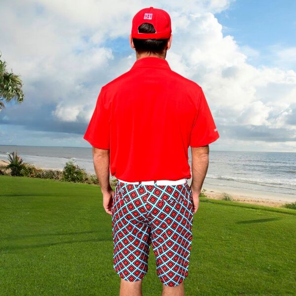 Red and Black Diamond Squares on Turquoise Background Golf Shorts - Hreski 222 - Image 3