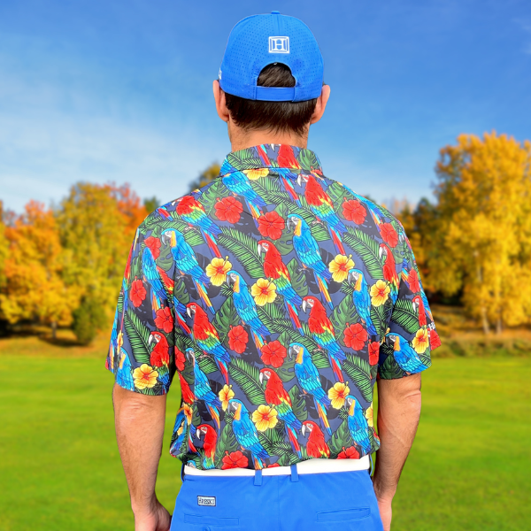 Parrots, Hibiscus Flowers, and Palm Leaves on Dark Night Background Golf Shirt - Hreski 232 - Image 9