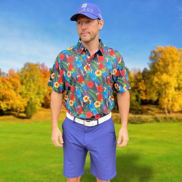 Parrots, Hibiscus Flowers, and Palm Leaves on Dark Night Background Golf Shirt - Hreski 232 - Image 6